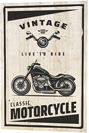 Vintage Live To Ride Klasik Motor Ahşap Desenli Retro Vintage Ahşap Poster