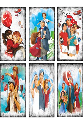 Mustafa Kemal Atatürk Çocuklar Ve Gençlerle 6lı Mini Retro Ahşap Poster Seti Uv Baskılı
