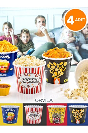 4 Adet Popcorn Patlamış Mısır Kovası - Cips Ve Çerez Kutusu