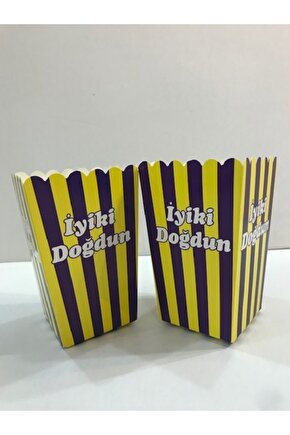 Popcorn Kutusu Mısır Cips Kutusu 8 Adet Iyi Ki Doğdun Sarı Lacivert Çizgili