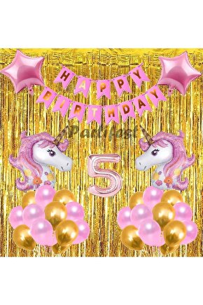 Pembe Unicorn Konsept 5 Yaş Balon Doğum Günü Set Gökkuşağı Unicorn Yaş Balon Set