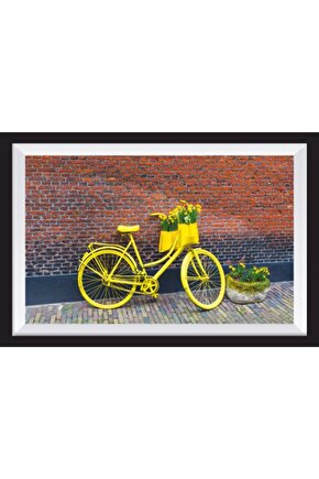 Çiçekli Sarı Bisiklet Sanatsal Çerçeve Görünümlü Ahşap Tablo