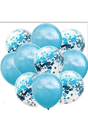 Mavi  Konfetili Şeffaf metalik mavi Balon Seti 10 Adet