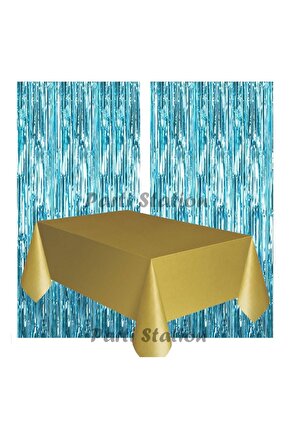 2 Adet Mavi Renk Metalize Arka Fon Perdesi ve 1 Adet Plastik Gold Altın Renk Masa Örtüsü Set
