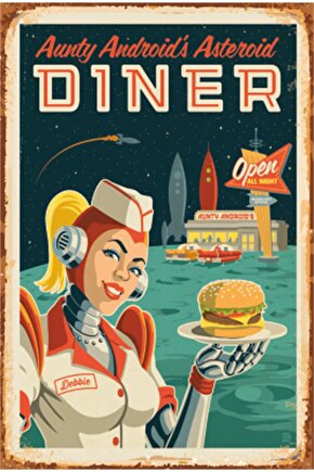 Eğlenceli Uzay Ve Gezegenler Hamburger Retro Ahşap Poster