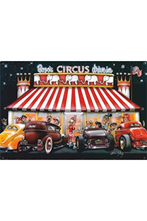 Sirk Önündeki Klasik Arabalar Retro Ahşap Poster