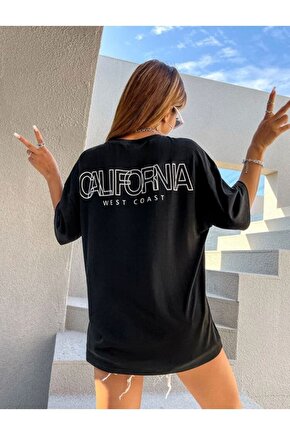 Kadın Oversize California Sırt Baskılı Siyah Tshirt