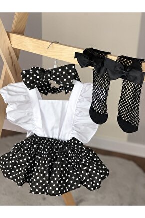 Kız Çocuk Siyah Puantiye Desen Salopet Bandana File Çorap Set