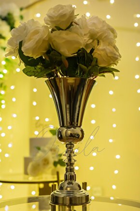 Dekoratif Gümüş Renk Taşlı Kupa Vazo Söz Nişan Düğün Konsept