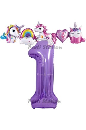 Mor Renk Rakam Balonlu Unicorn 1 Yaş Doğum Günü Parti Balon Set Unicorn Tema Lila Renk Parti Seti