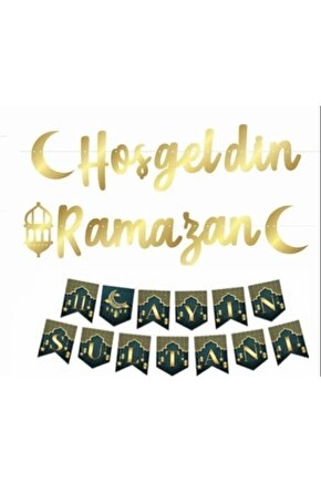 Hoşgeldin Ramazan Gold Kaligrafi Yazı 11 Ayın Sultanı Zigzag Banner 2 Li Set