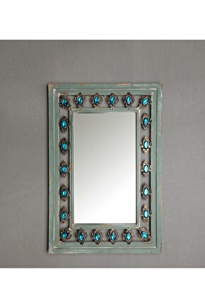 Raw Metal Mavi Kristalli Ahşap Retro Ayna 92x55cm