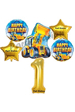 İnşaat Konsept 1 Yaş Doğum Günü Balon Set Kamyon Kepçe Balon ve Gold Rakam Balon Parti Set