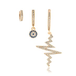Gold 3 lü Zirkon Taşlı Kalp Atışı Küpe Seti