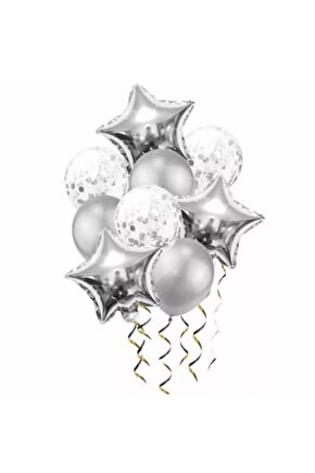 Şeffaf Konfetili Balon Metalik Balon Folyo Yıldız Balon Set Gümüş Renk