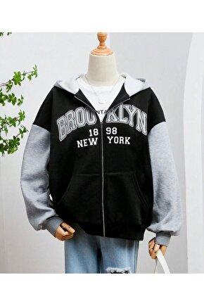 Oversize Kapşonlu Fermuarlı Brooklyn Baskılı Gri Kol Detaylı Sweatshirt