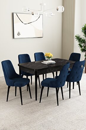 Mabel Siyah Mermer Desen 80x132 Açılabilir Mutfak Masası Takımı 6 Adet Sandalye