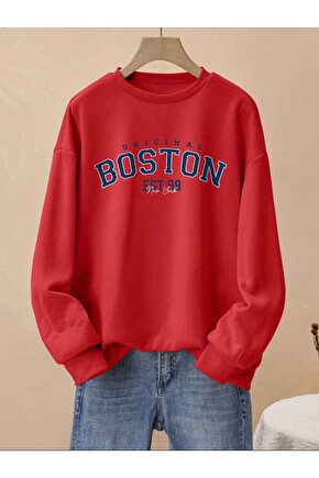 Oversize Orijinal Boston Baskılı Kırmızı Bisiklet Yaka Sweatshirt