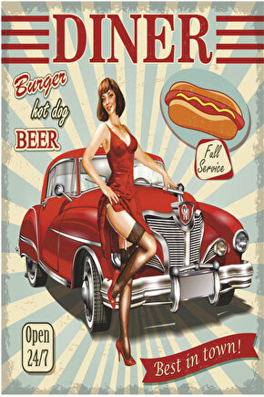 diner fast food bar kafe mutfak dekor tablo pin up kız ve klasik araba retro ahşap poster