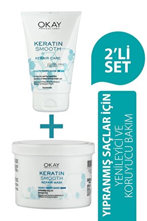 Okay Keratin Smooth Onarıcı Bakım Serisi Saç Maskesi + Durulanmayan Bakım Kremi - 2li Set