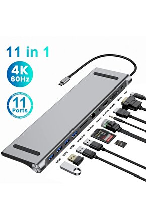 Type C Adaptör 11 In 1 Usb Hub Hdmi Lan Vga Sd Tf Kart Usb Type C Macbook Çevirici