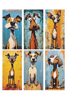 sevimli köpekler patili hayvan pet dostlarımız 6lı mini retro ahşap poster seti