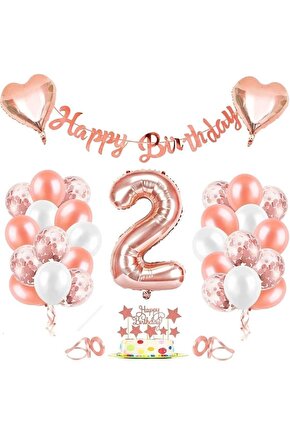 Rose Gold 2 Yaş Folyo Balon Seti Ve Happy Birthday Banner Rose Gold Doğum Günü Balon Parti Seti