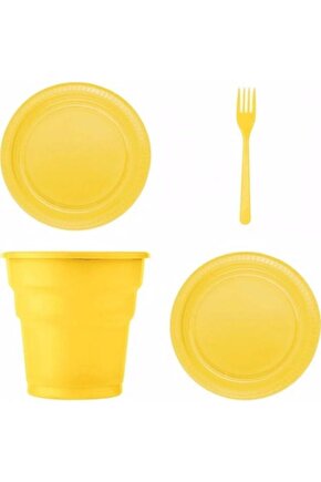 Sarı Renk Plastik Tabak, Bardak, Çatal Seti Parti Piknik Seti