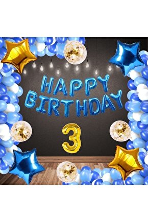 Mavi Konsept Happy Birthday 3 Yaş Doğum Günü Set Mavi Konsept Zincir Balon Set 3 Yaş Balon Seti