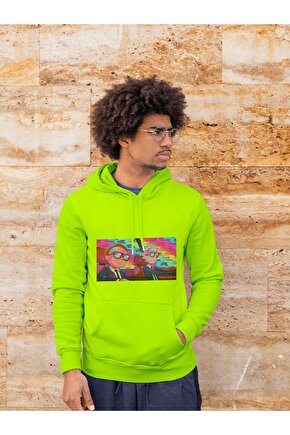 Rick And Morty Baskılı Tasarım 3 Iplik Kalın Neon Sarı Hoodie Sweatshirt