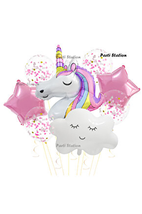 Unicorn Yıldız Balonlu Konsept Doğum Günü Parti Balon Set Unicorn Bulut Balon Set
