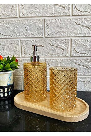 Cam Kafes Model Ahşap Standlı Set 2li Sıvı Sabunluk Diş Fırçalık Banyo Seti Amber Renkli