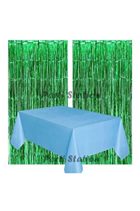 2 Adet Yeşil Renk Metalize Arka Fon Perdesi ve 1 Adet Plastik Mavi Renk Masa Örtüsü Set