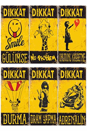 Gülümse Eğlenceli Vintage Tarz Genç Odası Dekorasyon 6lı Mini Retro Ahşap Poster Seti