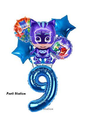 PjMasks Kedi Çocuk 9 Yaş Doğum Günü Parti Balon Set Pijamaskeliler Kedi Çocuk Tema Parti Balon Set