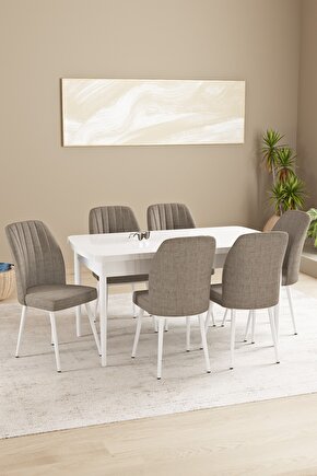 Floryn Mdf Beyaz Açılabilir 80x132 Cm 6 Sandalyeli Mutfak Masası Takımı