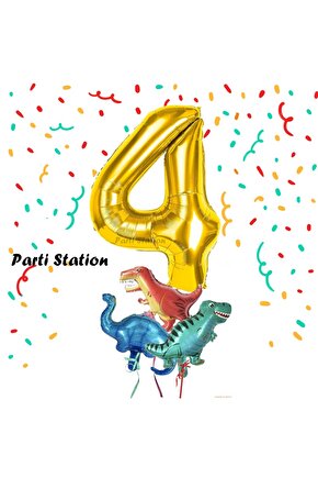 Altın Renk Rakam Balonlu Küçük Boy Dinozor Balonlu 4 Yaş Dinozor Konsept Doğum Günü Parti Balon Set