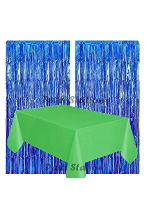 2 Adet Lacivert Renk Metalize Arka Fon Perdesi ve 1 Adet Plastik Yeşil Renk Masa Örtüsü Set