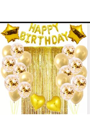 Happy Bırthday Gold Perdeli Şeffaf Balonlu Doğum Günü Seti