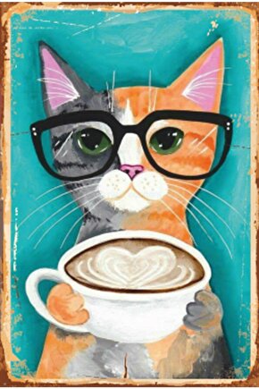 Kahve Içen Kalpli Kedi Retro Ahşap Poster