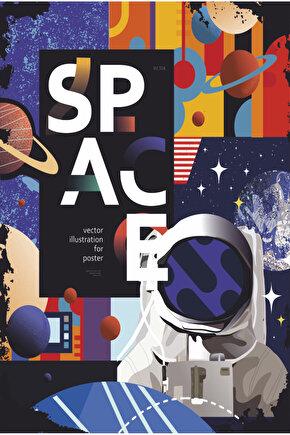 uzay astronot güneş sistemi retro ahşap poster