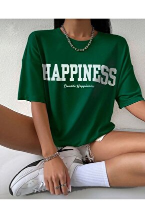 Kadın Yeşil Happiness Baskılı Bisiklet Yaka Oversize Tişört