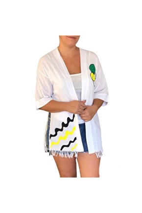 Keten Dokuma Geleneksel Tahta Baskı Beyaz Renk Popart Desenli Uzun Kollu Kimono Plaj Elbisesi Gömlek