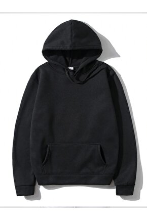 Düz Renk Baskısız 2 Iplik Şardonlu Siyah Hoodie Sweatshirt