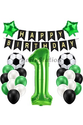 Futbol Maç Konsept Yeşil Rakam 1 Yaş Balon 100 cm Futbol Konsept Yeşil Parti Doğum Günü Balon Seti