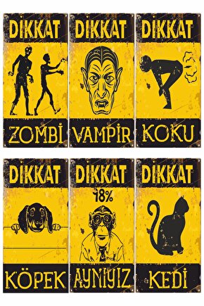 Zombi Vampir Eğlenceli Vintage Tarz Genç Odası Dekorasyon 6lı Mini Retro Ahşap Poster Seti