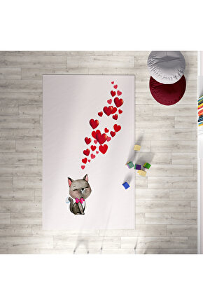 RONNA HOME Bebek ve Çocuk Odası Sevimli Kedi ve Kalpler Dekoratif Antialerjik Halı RNNCH-158