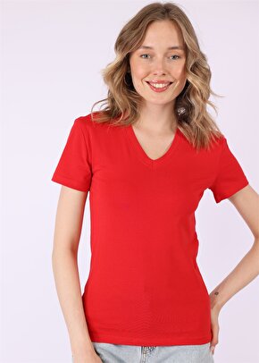 V Yaka Basic Fit T-shirt - Kırmızı