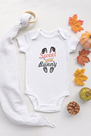 Özel Tasarım Sweet Little Bunny Sevimli Tavşan Bebek Body Beyaz Bebek Badi Zıbın