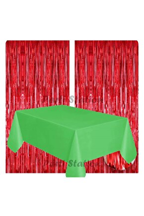 2 Adet Kırmızı Renk Metalize Arka Fon Perdesi ve 1 Adet Plastik Yeşil Renk Masa Örtüsü Set